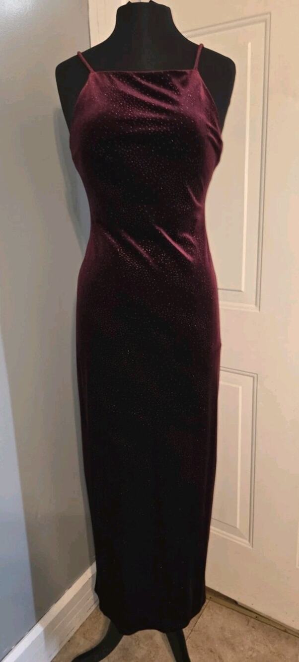 Vtg 90s Y2K Be Smart Burgundy Velvet Maxi Dress Gown Whimsigoth Romantic 9/10